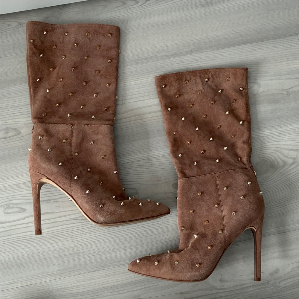 Sam Edelman Size 7.5 Waylyn Suede Tall Gold Studded Boots - Picture 5 of 10